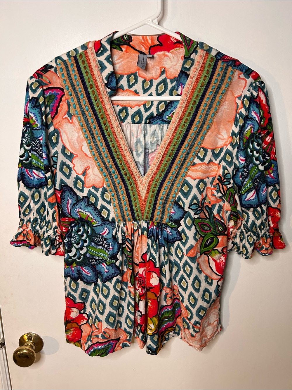 ANTHROPOLOGIE BL^NK LONDON VIBRANT FLORAL V-NECK PEASANT BLOUSE SIZE SMALL